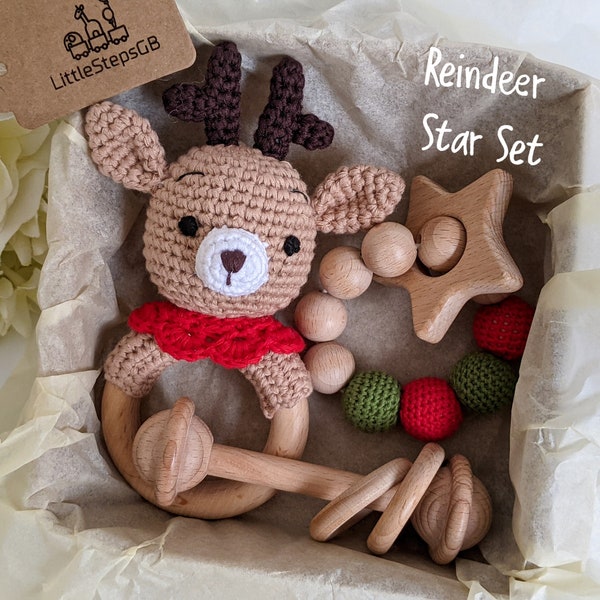 Christmas Reindeer Crochet Rattle Keepsake, Personalised Christmas Stocking fillers, Gift Box for Baby, Cotton Crochet and Beechwood