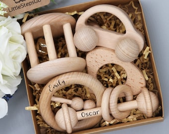 Jouets en bois Montessori personnalisés| Voiture en bois naturel Rattles Wooden | Jouets écologiques en bois de hêtre sans peinture