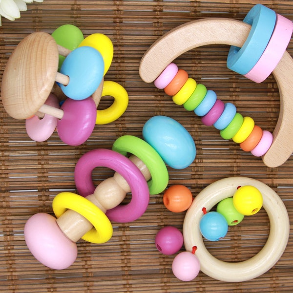 Rattle Sensory Toys| Personalised Wooden Rattle Musical Toys for Babies| Rattle Shaker Sensory Toys| Bell Rattle| Bright Colour Musical Toys