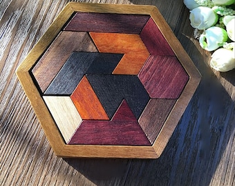 Puzzles Tangram hexagonaux en bois | Jeux familiaux en bois| Casse-tête ouvert | Jeu de réflexion Tangram pour enfants et adultes