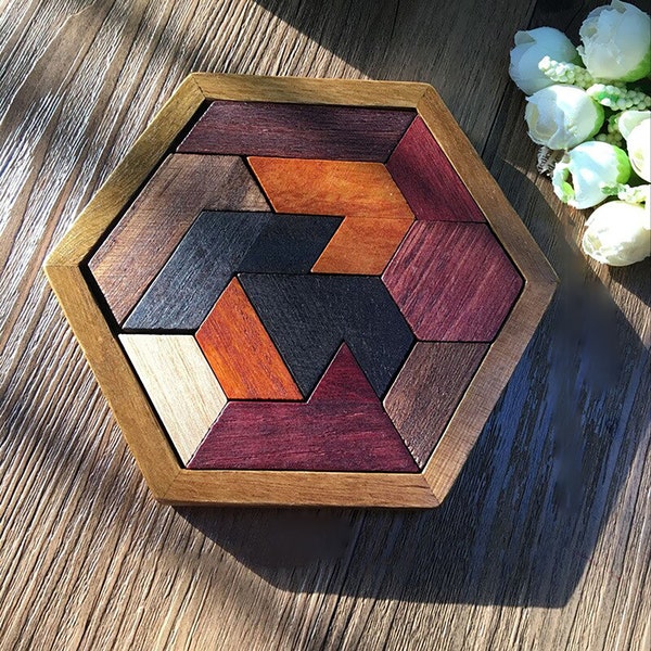 Wooden Hexagon Tangram Jigsaw Puzzles| Wooden Family Games| Open-ended Brain Puzzle Game| Tangram Puzzle Game for children and adult