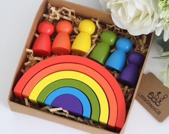 Rainbow Stacking Toys with Peg Dolls| Wooden Stacker Nesting Puzzle Blocks| Educational Toys for Kids Baby Toddlers| Nursery Decorations