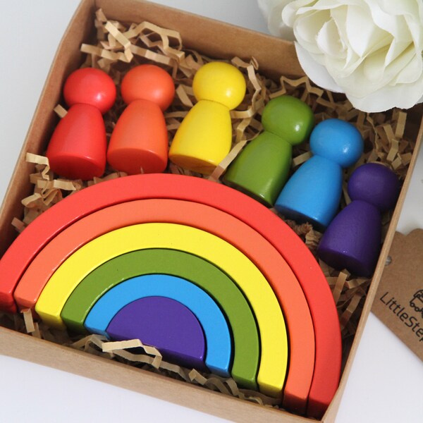 Rainbow Stacking Toys with Peg Dolls| Wooden Stacker Nesting Puzzle Blocks| Educational Toys for Kids Baby Toddlers| Nursery Decorations