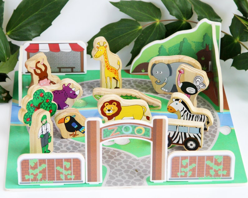 Wooden Zoo Animal Set, Zoo Animals Play Set with Display Tray , Wooden Toy, Toddler Birthday Gift zdjęcie 1