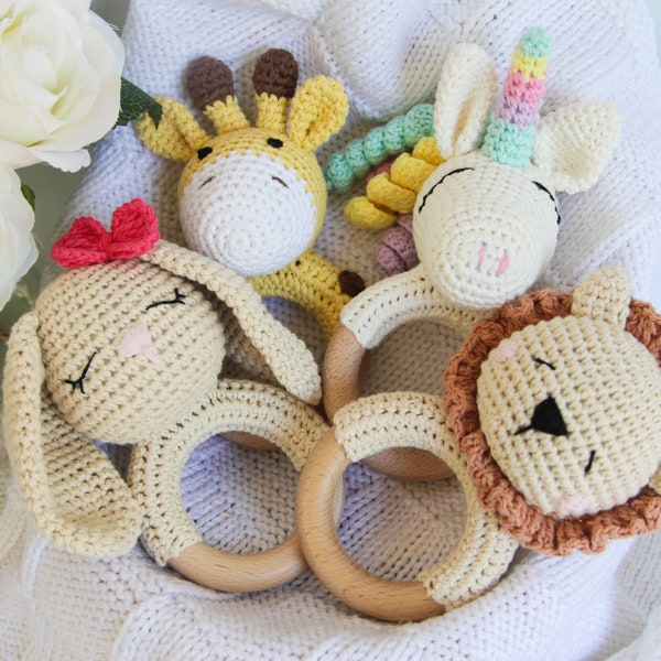 Crochet Rattle Personalised Sensory Toys| 100% Cotton Crochet and Natural Beechwood Sensory Toys| New Born Gift Box