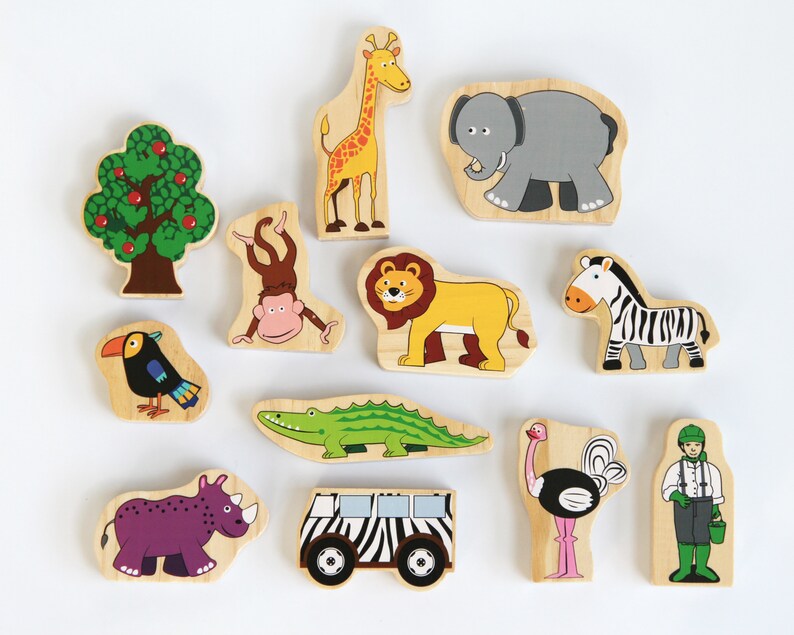 Wooden Zoo Animal Set, Zoo Animals Play Set with Display Tray , Wooden Toy, Toddler Birthday Gift zdjęcie 8