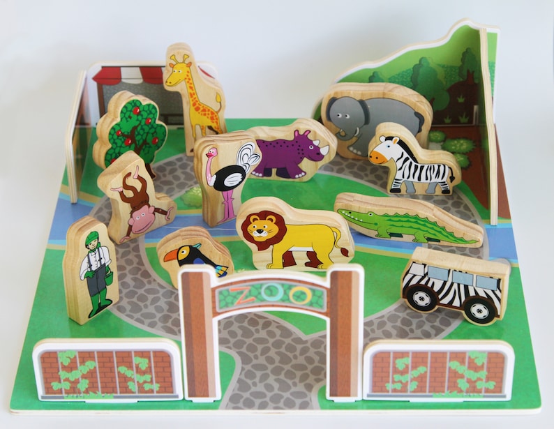 Wooden Zoo Animal Set, Zoo Animals Play Set with Display Tray , Wooden Toy, Toddler Birthday Gift zdjęcie 3