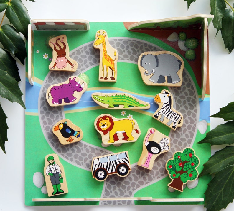 Wooden Zoo Animal Set, Zoo Animals Play Set with Display Tray , Wooden Toy, Toddler Birthday Gift zdjęcie 2