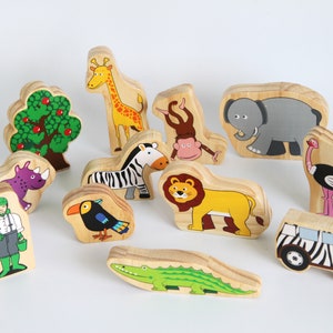 Wooden Zoo Animal Set, Zoo Animals Play Set with Display Tray , Wooden Toy, Toddler Birthday Gift zdjęcie 4