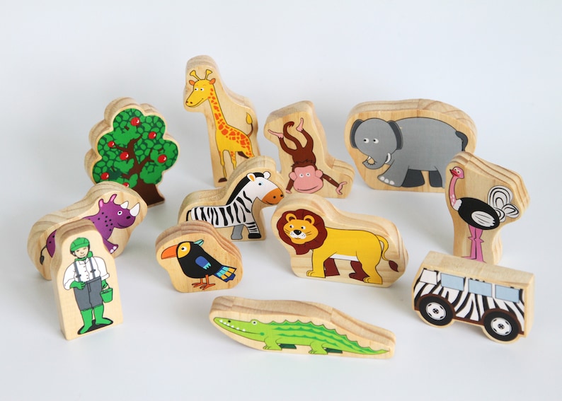Wooden Zoo Animal Set, Zoo Animals Play Set with Display Tray , Wooden Toy, Toddler Birthday Gift zdjęcie 4