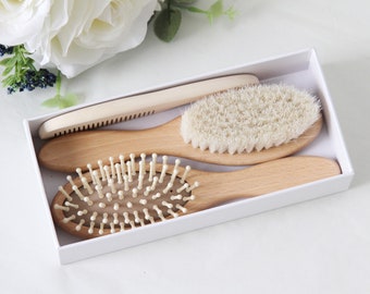 Ensemble peigne et brosse à cheveux pour tout-petits | Soies de chèvre douces pour casquettes de bébé | Peigne pour tout-petit en hêtre et érable| Cadeau personnalisé pour bébé