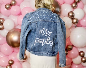 Embroidered Bride Denim Jacket / Bride Jean Jacket / Custom Mrs. Denim Jacket / Pearl Bride Denim Jacket / Wedding Jean Jacket / Mrs. Jacket
