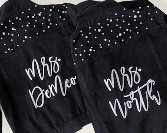 Embroidered Bride Denim Jacket / Bride Jean Jacket / Custom Mrs. Denim Jacket / Pearl Bride Denim Jacket / Black Jean Jacket / Mrs. Jacket