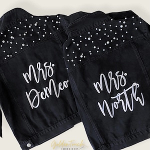 Embroidered Bride Denim Jacket / Bride Jean Jacket / Custom Mrs. Denim Jacket / Pearl Bride Denim Jacket / Black Jean Jacket / Mrs. Jacket