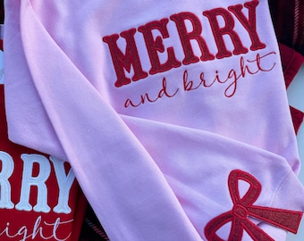 Merry and Bright Embroidered Bow Sweatshirt / Side Bow Applique Sweatshirt / Christmas Bow Sweatshirt / Glitter Christmas Sweatshirt