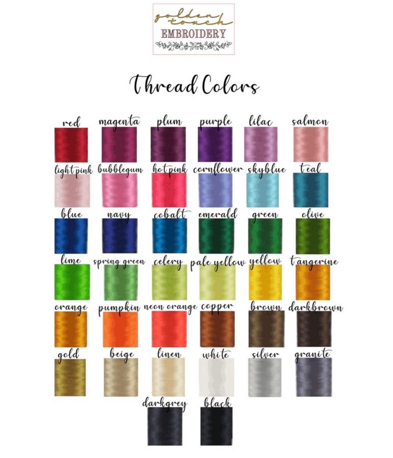K&ouml;nnte beinhalten: Eine Farbkarte mit Garnfarben f&uuml;r Stickereien, mit Namen f&uuml;r jede Farbe, darunter Rot, Magenta, Pflaume, Lila, Flieder, Lachs, Hellrosa, Kaugummi, Pink, Kornblume, Himmelblau, T&uuml;rkis, Blau, Marine, Kobalt, Smaragd, Gr&uuml;n, Oliv, Limette, Fr&uuml;hlingsgr&uuml;n, Sellerie, Hellgelb, Gelb, Mandarine, Orange, K&uuml;rbis, Neonorange, Kupfer, Braun, Dunkelbraun, Gold, Beige, Leinen, Wei&szlig;, Silber, Granit, Dunkelgrau und Schwarz.