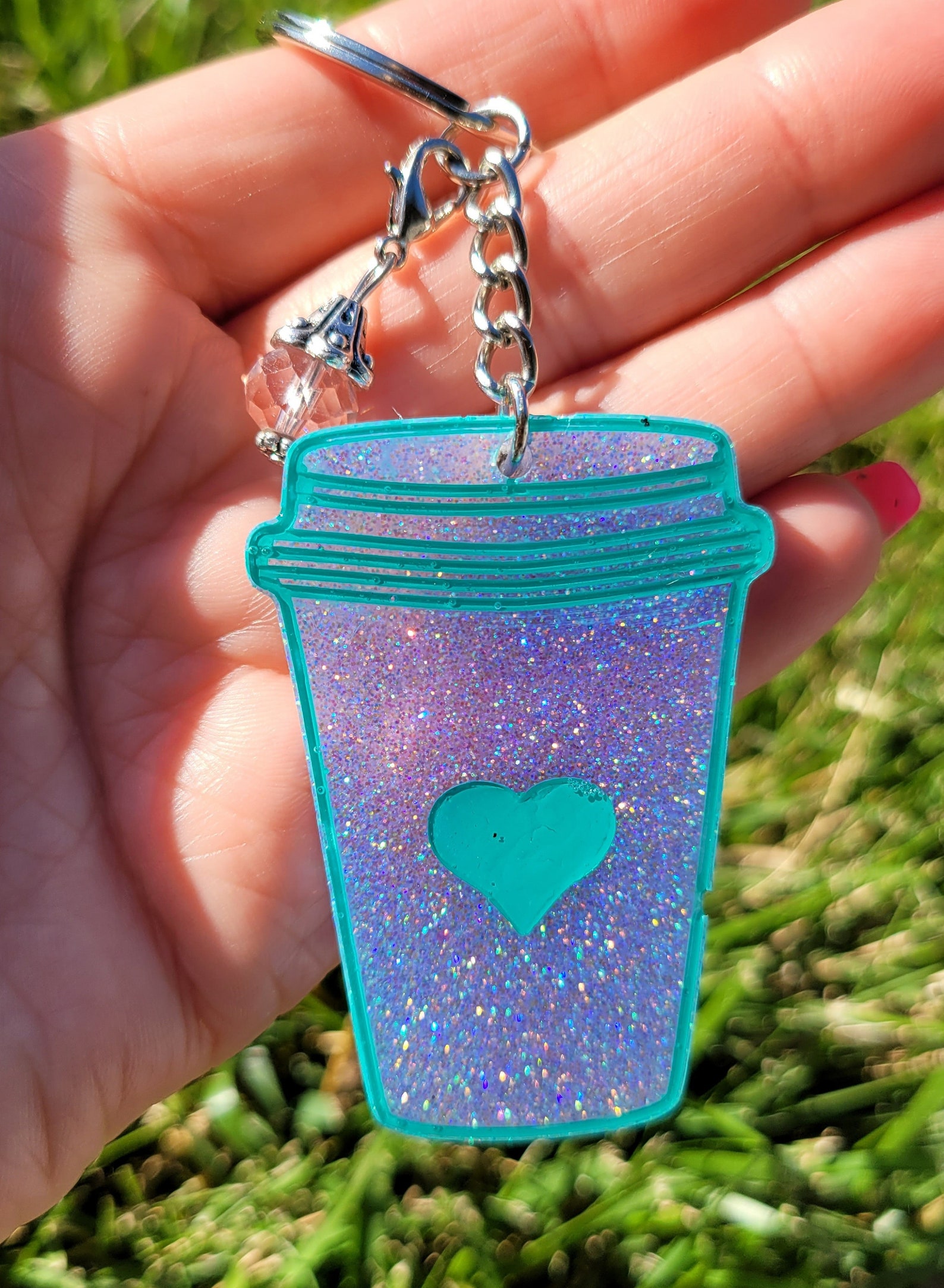 Coffee Cup Keychain Glitter Resin Key Ring Etsy