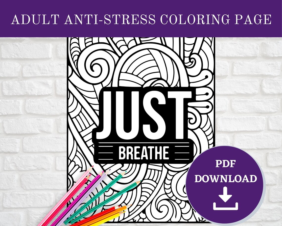Printable Adult Anti-stress Mandala Motivational Just Breathe Coloring ...