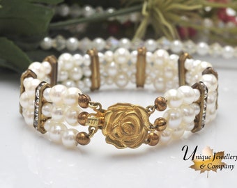 Freshwater Pearl Bracelet / TRIPLE STRAND FRESHWATER pearl bracelet/ Swarovski bridges,/vermeil triple strand rose clasp/ Wedding Jewellery