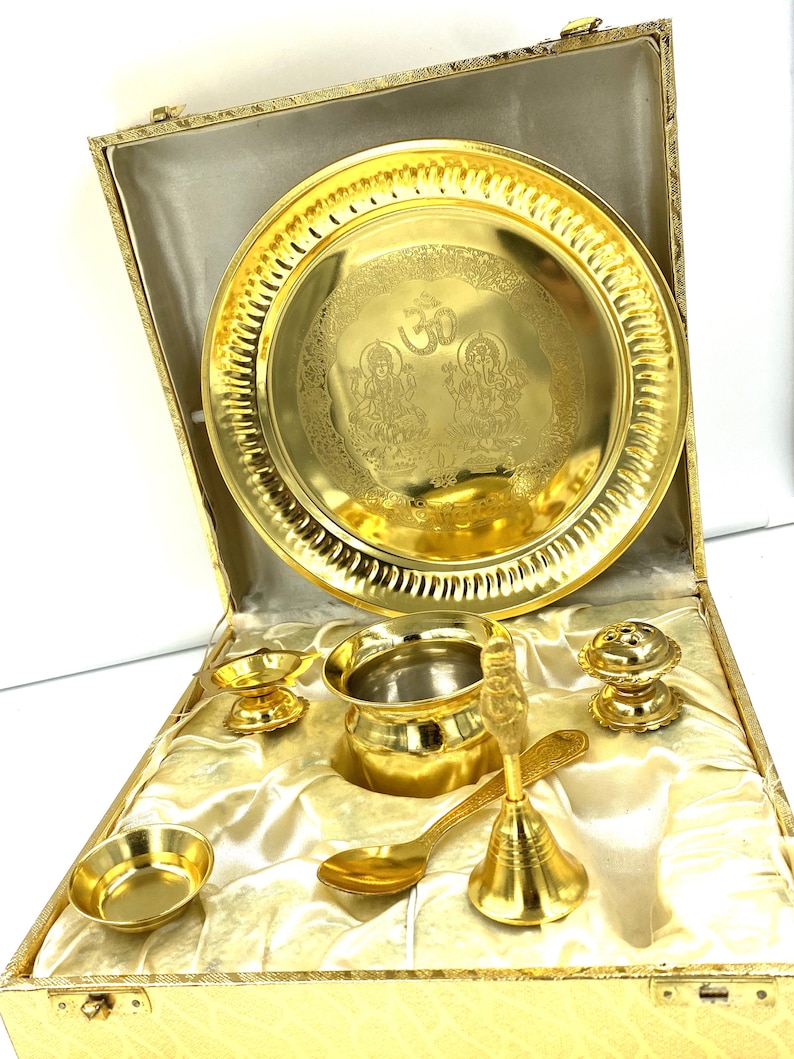 Idee regalo d'oro 24K oro placcato , Pooja Thali, regalo di festa unico USA SELLER Diwali Natale Capodanno Regalo Set immagine 2