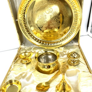 Idee regalo d'oro 24K oro placcato , Pooja Thali, regalo di festa unico USA SELLER Diwali Natale Capodanno Regalo Set immagine 5