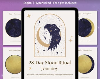 Può includere: Un diario digitale del rituale lunare di 28 giorni visualizzato su un tablet. La copertina del diario presenta il profilo di una donna con una luna crescente e stelle. Pagine aggiuntive mostrano le fasi lunari. Il testo include "28-Day Moon Ritual Journey".