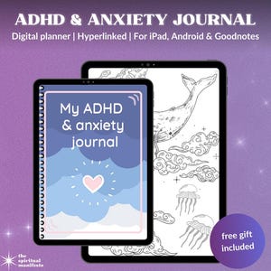 以下が含まれることがあります： iPad、Android、Goodnotes用のデジタルADHD＆不安ジャーナル。「My ADHD & anxiety journal」のテキストとハートのデザインが特徴の表紙。2台目のタブレットにはクジラのイラストが表示されています。無料ギフトが含まれています。