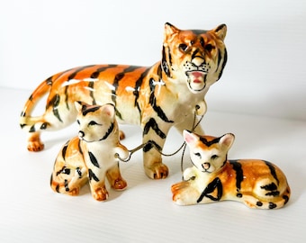 Vintage Bone Chine Tigers, Mother Tiger & two Cubs attached with gold chain. Ceramic Figurines. Vintage Collector Decor.