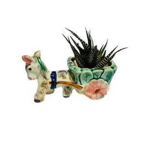 Vintage Donkey and Cart Planter – Hand-Painted Ceramic Animal Figurine - Flower - shaped wheels. 13 cm x 7 cm