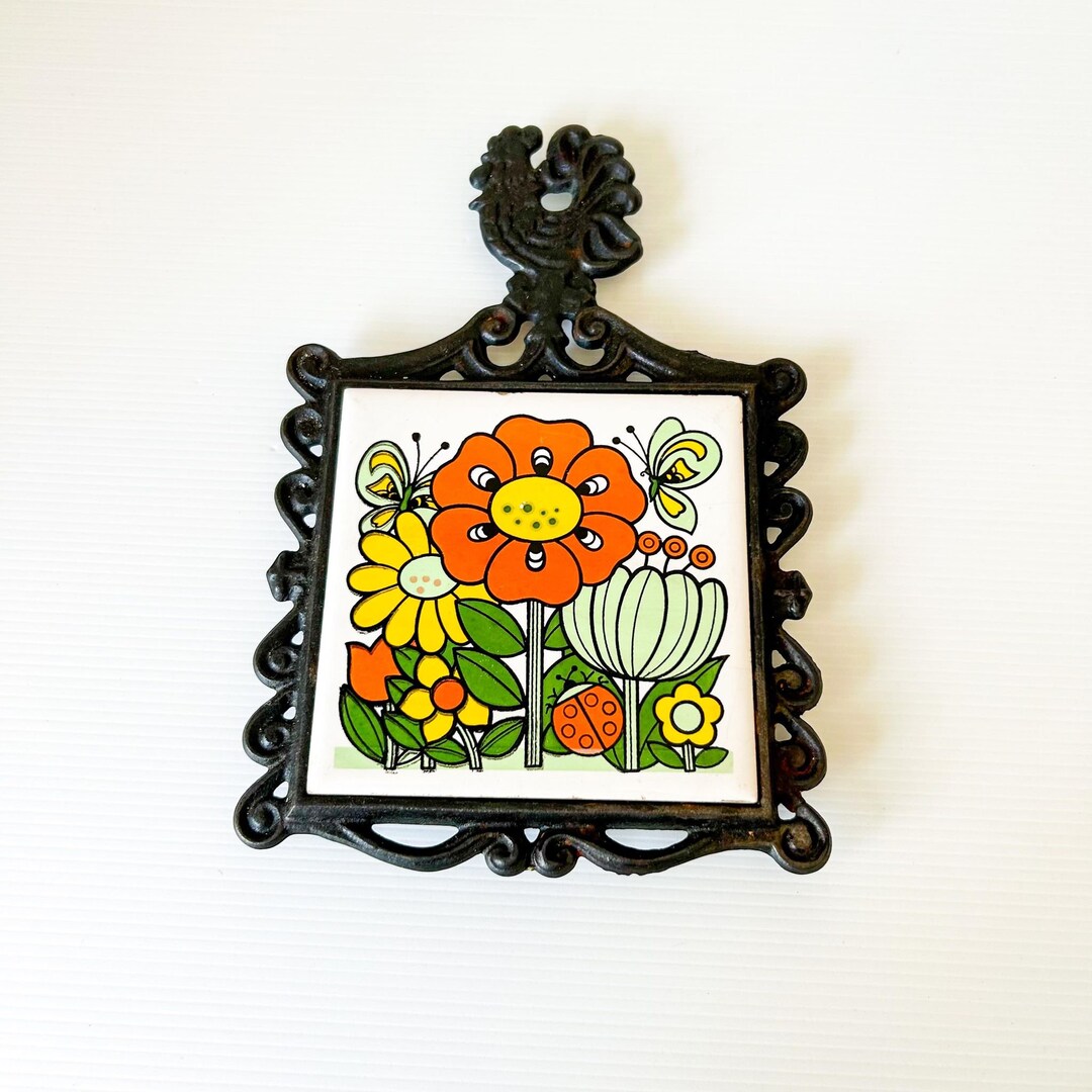 Retro Pot Holder Cast Iron Trivet Retro Vibrant Garden Etsy