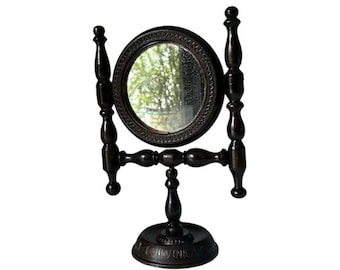 Antique Wooden Mirror, Ornate Carved Dark Stained Wood, Charming Round Pivoting Vanity Mirror. Vintage Mirror decor.