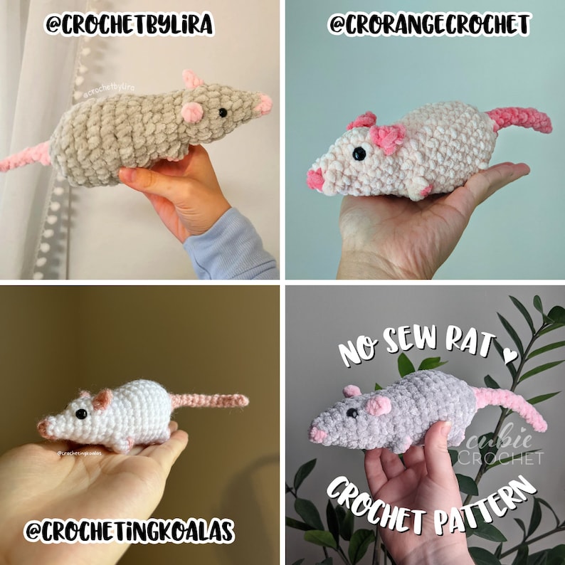 A collage of four, showing crocheted rat plushies with pink ears and noses made by crochet pattern testers. They are made with different yarns and held at different angles. The bottom left and top right ones are cream-colored, while the other two are shades of gray. The instagram handles are shown: "@crochetbylira", "@crorangecrochet", and "@crochetingkoalas". The bottom right image has the text on screen "no sew rat ♥ crochet pattern", curved around the rat in the middle.
