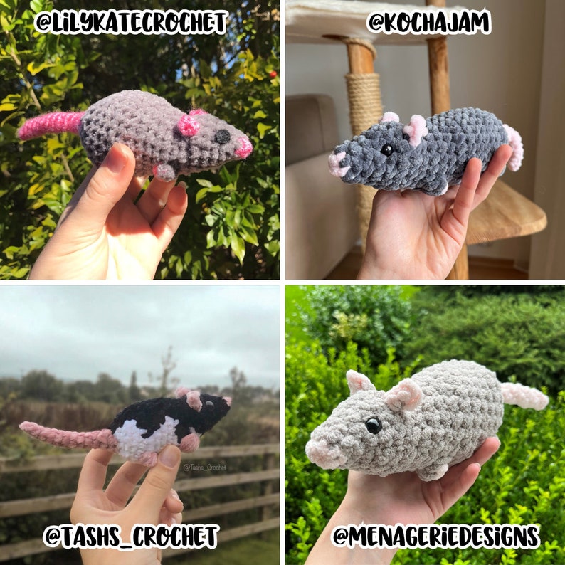 A collage of four, showing crocheted rat plushies with pink ears, noses, and tails made by crochet pattern testers. They are made with different yarns and held at different angles. The one on the bottom left is black and white, while the rest of the rat plushies are shades of gray. The instagram handles are on screen: '@lilykatecrochet', '@kochajjam', '@tashs_crochet', and '@menagerie_designs'.