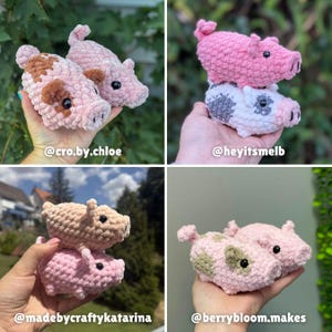 May include: A collection of four images showing small, handmade crochet plush pigs. Each pig is crafted from soft, textured yarn in shades of pink, white, and brown, featuring black bead eyes and a snout. The text @cro.by.chloe, @heyitsmelb, @madebycraftykatarina, and @berrybloom.makes appears on the images.