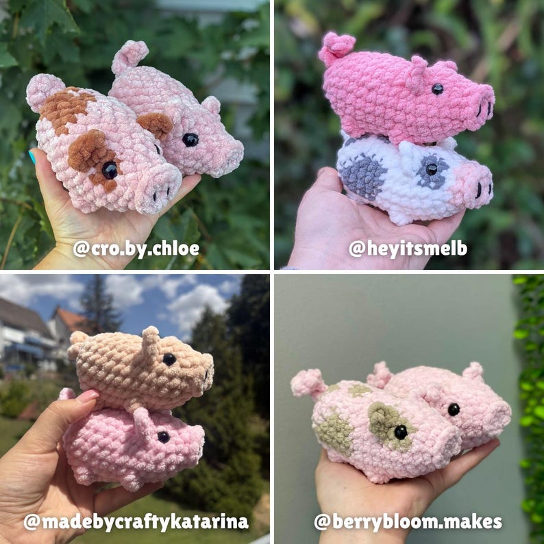 May include: A collection of four images showing small, handmade crochet plush pigs. Each pig is crafted from soft, textured yarn in shades of pink, white, and brown, featuring black bead eyes and a snout. The text @cro.by.chloe, @heyitsmelb, @madebycraftykatarina, and @berrybloom.makes appears on the images.