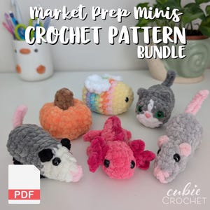 May include: A collection of handmade crochet mini figures, including a pumpkin, bee, cat, axolotl, and two mice. The image includes the text "Market Prep Minis Crochet Pattern Bundle" and a PDF icon.