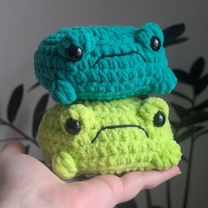 May include: Two crocheted frog plushies, one teal and one lime green, stacked on top of each other. Each frog has black button eyes and a stitched mouth, giving them a slightly sad expression. The plushies are handmade.