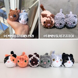 May include: A collection of crocheted cat plushies in various colors and patterns, including black and white, orange, brown and white, and gray. The plushies are all about 3 inches tall and have embroidered eyes and noses.