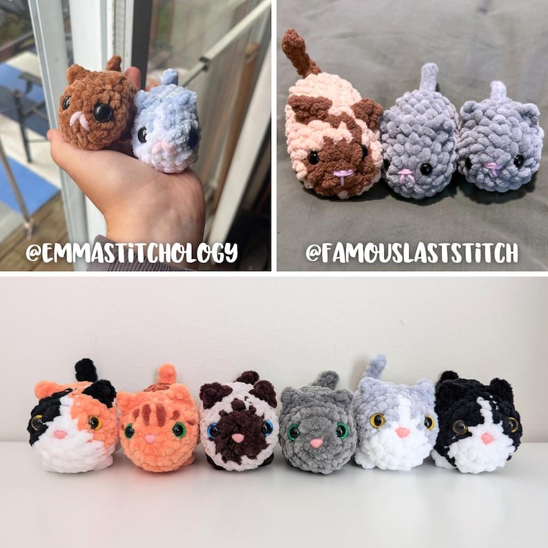 May include: A collection of crocheted cat plushies in various colors and patterns, including black and white, orange, brown and white, and gray. The plushies are all about 3 inches tall and have embroidered eyes and noses.