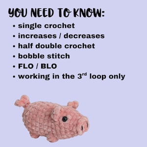 May include: A light purple graphic with black text reading YOU NEED TO KNOW: single crochet, increases / decreases, half double crochet, bobble stitch, FLO / BLO, working in the 3rd loop only. Below the text is a small, pink, plush crochet pig.