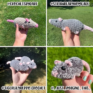 A collage of four, showing crocheted gray rat plushies with pink ears, noses, and tails made by crochet pattern testers. They are made with different yarns and held at different angles, and the bottom left one contains two rats held in the same hand. All of the plushies are displayed against green grassy backgrounds. The Instagram handles for the creators of the plushies are included in the image: @crochetsbydare, @strawberryhomeade, @tigerlilybeppo.crochet, @_just_imagine_this_