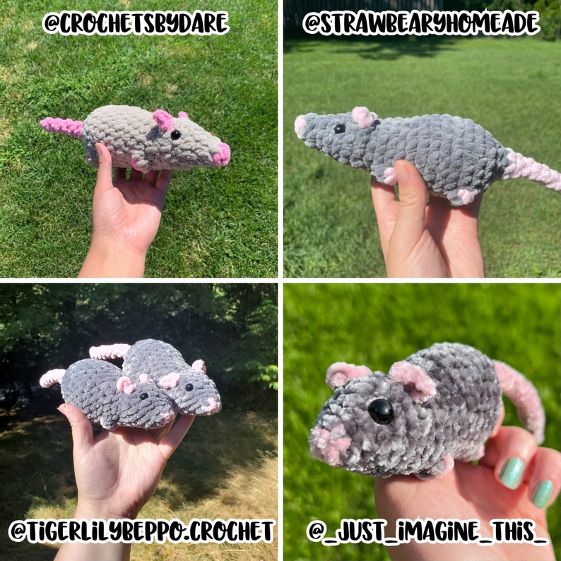 A collage of four, showing crocheted gray rat plushies with pink ears, noses, and tails made by crochet pattern testers. They are made with different yarns and held at different angles, and the bottom left one contains two rats held in the same hand. All of the plushies are displayed against green grassy backgrounds. The Instagram handles for the creators of the plushies are included in the image: @crochetsbydare, @strawberryhomeade, @tigerlilybeppo.crochet, @_just_imagine_this_