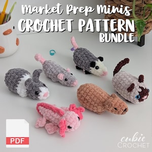 May include: A collection of handmade crochet animal miniatures, including a bunny, mouse, opossum, cat, axolotl, and capybara. The image includes the text "Market Prep Minis Crochet Pattern Bundle" and a PDF icon.