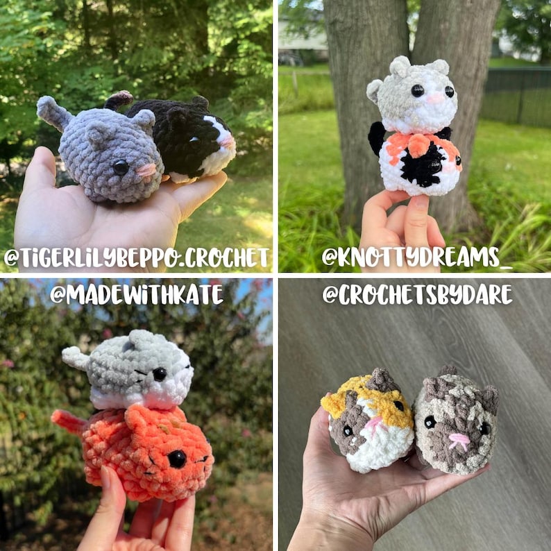 May include: Four crocheted cat plushies in various colors and patterns. The plushies are stacked on top of each other, with the top plush being a gray cat with a white face. The plushies are held in a person's hand. The image includes the text "@tigerlilybeppo.crochet @madewithkate @knottydreams @crochetsybydare".