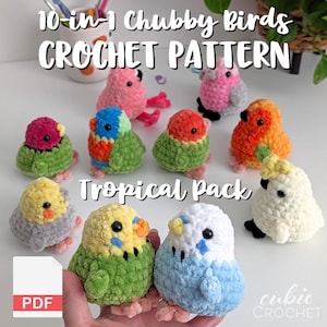 Op de afbeelding: Een verzameling van tien kleine, ronde, gehaakte pluche vogels in diverse kleuren zoals roze, groen, oranje, geel, wit en blauw. De tekst 10-in-1 Chubby Birds CROCHET PATTERN Tropical Pack staat boven de vogels, met een PDF-icoon eronder.