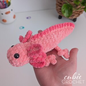 May include: A handmade, plush axolotl in shades of pink. The crocheted amphibian features dark eyes, frilly gills, and small legs. The axolotl is a soft, cuddly toy.
