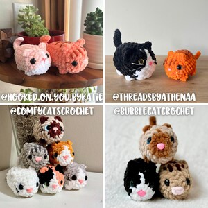 May include: A collection of crocheted cat plushies in various colors and patterns. The plushies are made with soft, fuzzy yarn and have adorable faces. The plushies are arranged in a group, with some stacked on top of each other. The plushies are perfect for cuddling or displaying on a shelf.