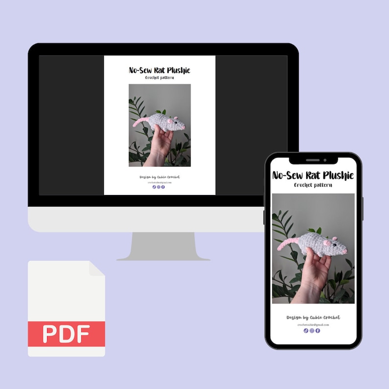 The cover page of the pattern is displayed on a computer screen and a smartphone. The text on the screens reads 'No-Sew Rat Plushie Crochet Pattern' and 'Design by Cubie Crochet'. The PDF icon is in the lower left corner of the image.