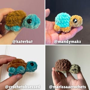 May include: A collection of four small, plush, crocheted turtles made from soft yarn. Each turtle features a rounded shell in brown or tan and a head and limbs in shades of blue, teal, or light green. The turtles have black plastic eyes.