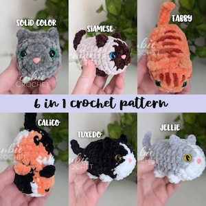 May include: Six crochet cat patterns, including tabby, calico, tuxedo, Siamese, solid color, and jellie. Each pattern is shown with a crocheted cat in a hand.